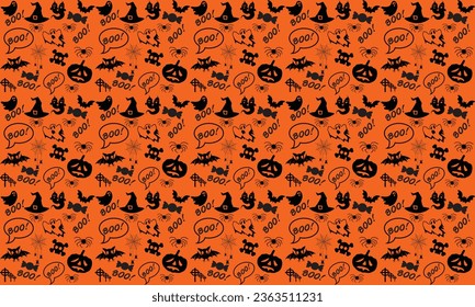 Halloween pattern. Halloween orange festive seamless pattern. Endless background with pumpkins, skulls, bats, spiders, ghosts, bones, candies, spider web and speech bubble with boo.Halloween vector se