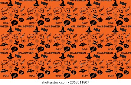 Halloween pattern. Halloween orange festive seamless pattern. Endless background with pumpkins, skulls, bats, spiders, ghosts, bones, candies, spider web and speech bubble with boo.Halloween vector se