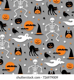 halloween pattern orange gray with skeleton, ghosts, black cats, witch hat, birds, and jack o lanterns