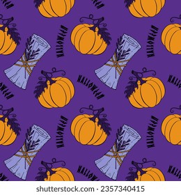Halloween pattern with orange pumpkin and magic blue scroll hand drawn doodle, dark background. Vector illustration