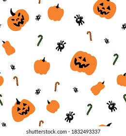 Halloween pattern, perfect for packaging and decoration, holiday design. The face of pumpkins, colorful lollipops and cute spiders on a white background.