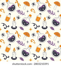 Halloween pattern with potion, spiders, mushrooms. Halloween seamless pattern. Magic holiday background