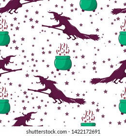 Halloween pattern with potion and witches in the night sky. October party kids background. 
