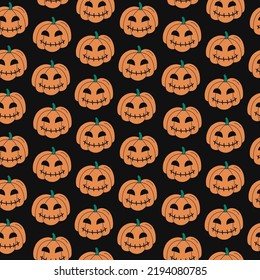 Halloween pattern. Pumkin lanterns. Vector doodle illustration. Halloween seamless black background with autumn holiday symbols jack-o-lanterns. Colorful hand drawn elements. 