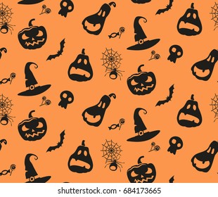 Halloween pattern with pumkins, hats and bats on orange