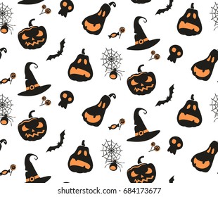 Halloween pattern with pumkins, hats and bats on white