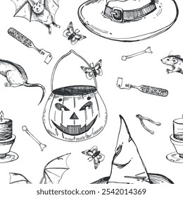 Patrón de Halloween, canasta de calabaza, murciélago, rata, pociones en botellas, huesos de adivinación, sombrero de bruja. Todos los objetos se dibujan a mano con tinta y se transfieren al Vector. Para imprimir en tela, papel, diseño.