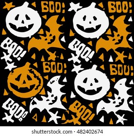 Halloween pattern with pumpkin and bat. Black/orange/white.