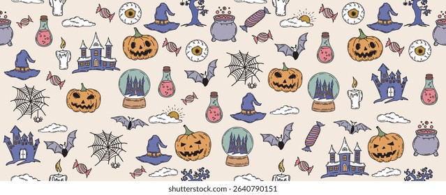 Halloween pattern with pumpkin, bat, hat, hand drawn illustrations	