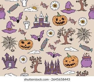 Halloween pattern with pumpkin, bat, hat, hand drawn illustrations	