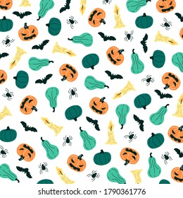 Halloween pattern. Pumpkin, bat, spider, candle. Print for packaging, fabrics, wallpapers, textiles. Vector illustration.