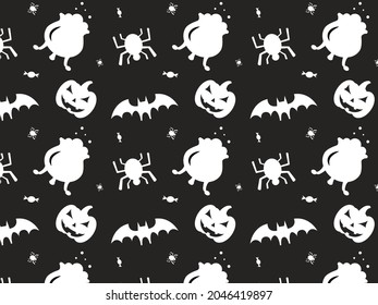 Halloween pattern, with pumpkin, bat, spider, candy, cauldron and witch hat