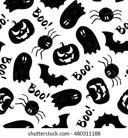 Halloween pattern with pumpkin, bat, spider, Ghost and "Boo!". Endless texture for wallpaper, web page background, wrapping paper and etc. Retro style. Hipster brush made texture.