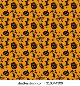 Halloween pattern with pumpkin, bat, spiderweb and coffin