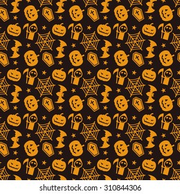 Halloween pattern with pumpkin, bat, spiderweb and coffin