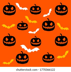 Patrón de Halloween con calabaza y murciélago, colores tradicionales negro y naranja