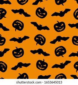 Halloween pattern with pumpkin and bats. Halloween background with pumpkin and bats. Seamless halloween pattern design