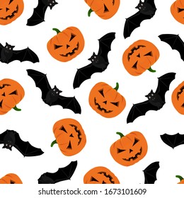 Halloween pattern with pumpkin and bats. Halloween background with pumpkin and bats. Seamless pattern design with bats and halloween pumpkins