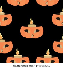 Halloween pattern. Pumpkin with candles on a black background. Design of cards, invitations, gift wrapping.
