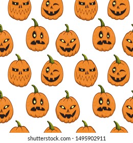 Halloween pattern pumpkin different emotions isolated transparent background vector illustration for design and decoration