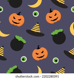 Halloween pattern with pumpkin, eye, moon, witch hat and cauldron.