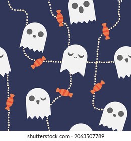 Halloween pattern with pumpkin, ghost, stars, candy. Vector illustration for design, fabric or wrapping paper.