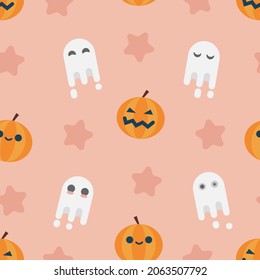 Halloween pattern with pumpkin, ghost, stars, candy. Vector illustration for design, fabric or wrapping paper.