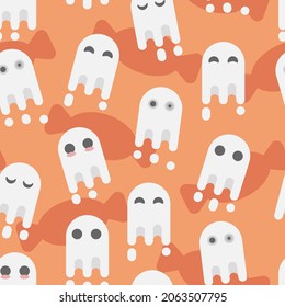 Patrón de Halloween con calabaza, fantasma, estrellas, dulces. Ilustración vectorial para el diseño, la tela o el papel envolvente.