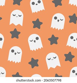 Halloween pattern with pumpkin, ghost, stars, candy. Vector illustration for design, fabric or wrapping paper.