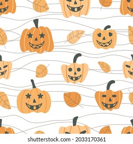 Halloween pattern with pumpkin heads and leaves. Background with funny faces for the autumn holiday. Leaves, pumpkins and spider template for wallpaper, packaging, fabric and substrate, vector