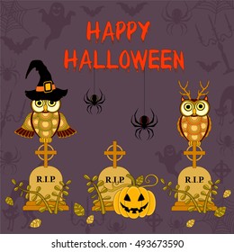 Halloween pattern with pumpkin and owls on violet background