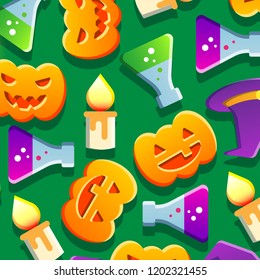 Halloween pattern with pumpkin, poison flask and witch hat. Cartoon background texture.