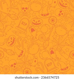 Halloween pattern, pumpkin, skull, ghost, broom, witch hat, cauldron, spider web, tomb, candy, moon, eye, candle and bat. Vector illustration for surfaces in orange tones.