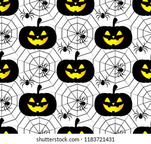 Halloween pattern with pumpkin and spiders seamless vector illustration