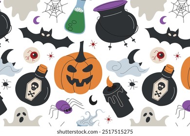 Halloween pattern with pumpkins, bats, ghosts, spooky doodle elements. Vector illustration in flat cartoon style. Perfect for party decoration, festive seamless backgrounds, Halloween designs