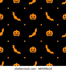 Halloween pattern with pumpkins and bats on black