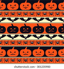 Halloween pattern with pumpkins, bats, spiders. Seamless halloween background. Happy Halloween concept illustration.