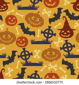 Halloween Pattern with pumpkins, bones, crosses and bats. Seamless Halloween Pattern. Halloween holiday seamless pattern background.