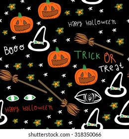 Halloween pattern with pumpkins, brooms and stars.