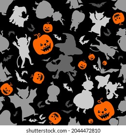 Halloween pattern with pumpkins, dogs and children in costumes. Halloween background. Seamless  pattern design