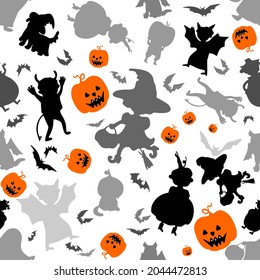 Halloween pattern with pumpkins, dogs and children in costumes. Halloween background. Seamless  pattern design