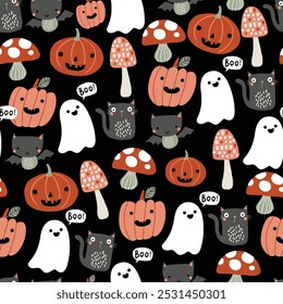 Halloween pattern pumpkins ghost mushroom bats cats