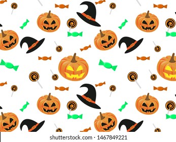 Halloween pattern with pumpkins, hats and candies on a white background.