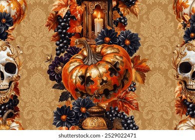 Halloween pattern with pumpkins, lanterns, skulls and autumn plants isolated on a changeable background. Vintage hand-drawn style vector illustration.