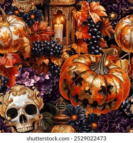 Halloween pattern with pumpkins, lanterns, skulls and autumn plants isolated on a changeable background. Vintage hand-drawn style vector illustration.