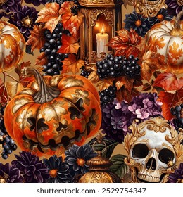 Halloween pattern with pumpkins, lanterns, skulls and autumn plants isolated on a changeable background. Vintage hand-drawn style vector illustration.