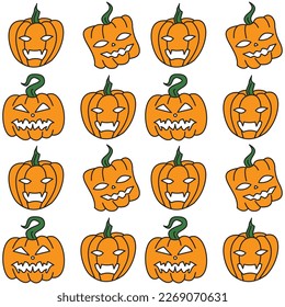 halloween pattern pumpkins monsters, colorful outline jack o lantern background, vector graphic 