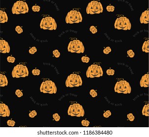 halloween pattern with pumpkins on black background and with text treat or treat kids pattern