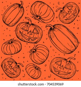 Halloween Pattern with Pumpkins on orange background. Vector illustration. Perfect for wallpaper, print, banners, poster for textiles, fashion design.