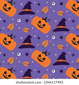 Halloween pattern with pumpkins, Purple halloween background, Happy halloween background.